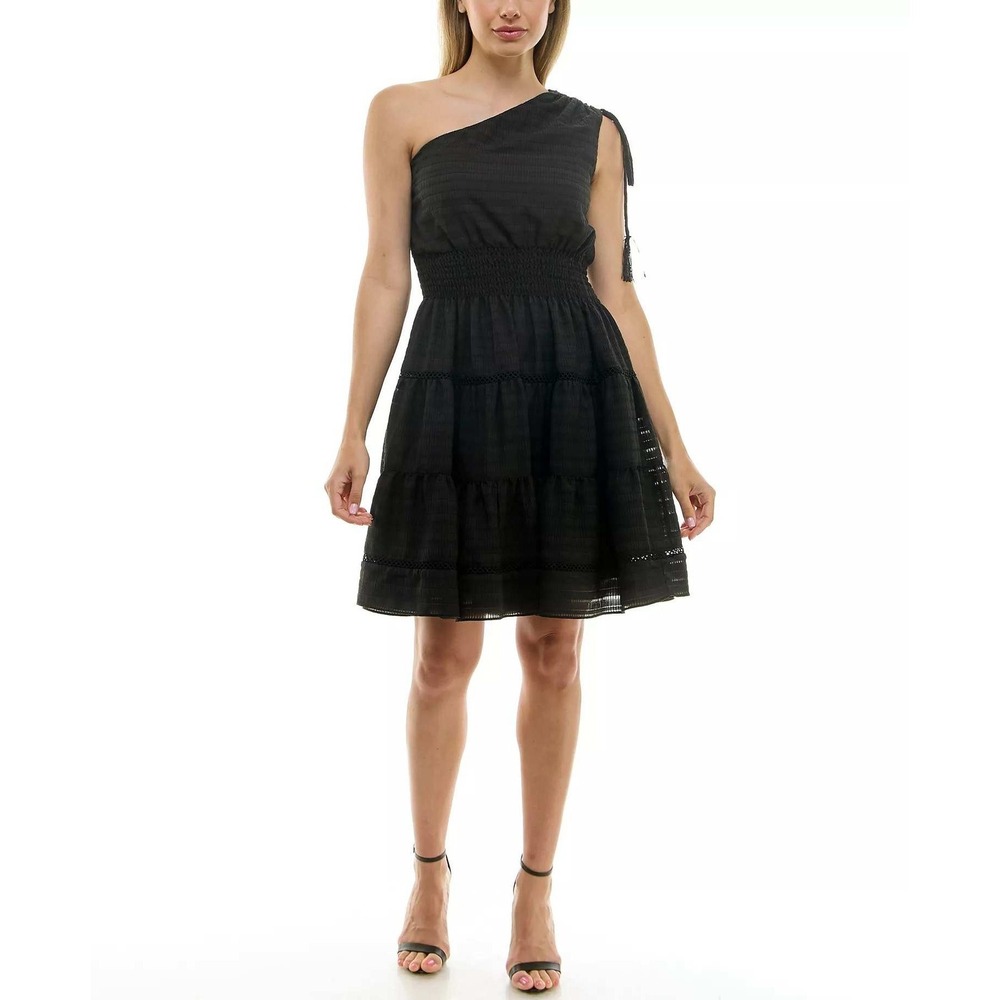 Taylor Black One Shoulder Seersucker Fit Flare Dress M NWT‎ Summer Date Night